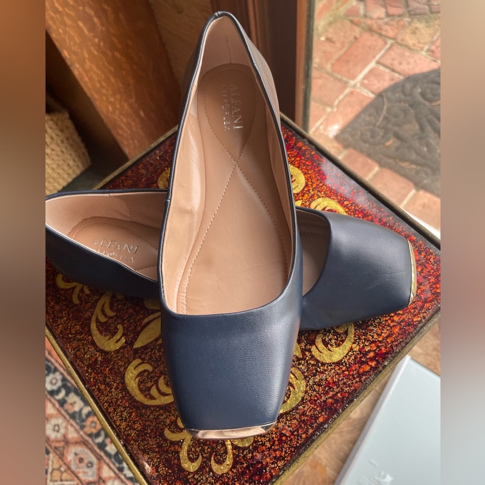 Alfani Navy Square-Toe Leather Ballet Flats with Silver Trim